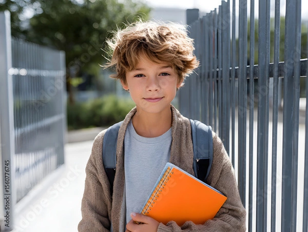 Obraz Young student holding notebook near school fence Generative AI
