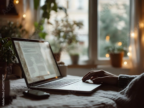 Obraz Modern workspace with laptop and plants in bright room Generative AI