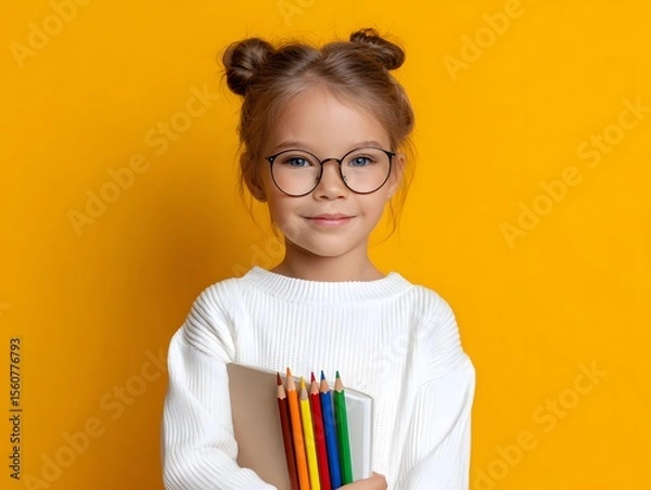 Obraz Young girl with colorful pencils against a yellow background Generative AI