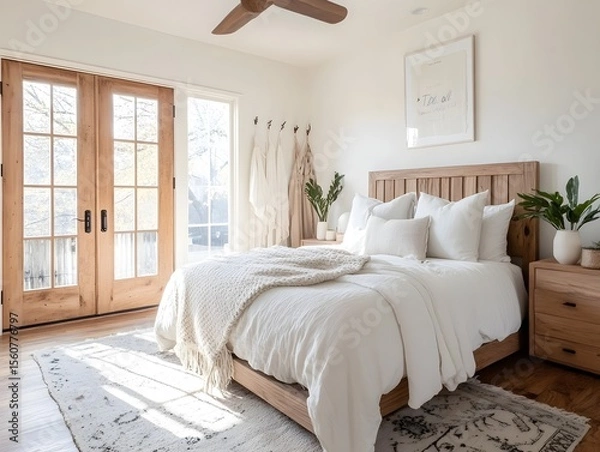 Obraz Cozy bedroom with natural light and wooden elements Generative AI