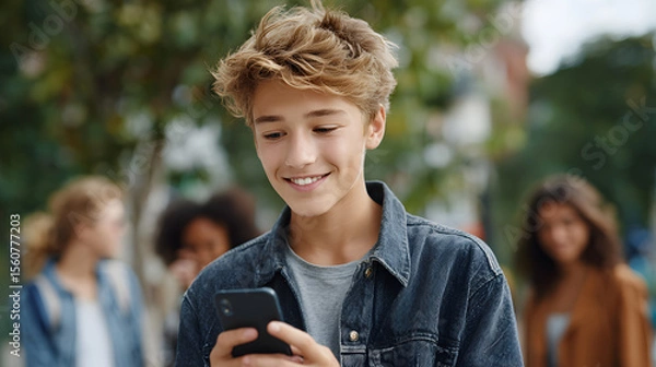 Obraz Youth engrossed in mobile device while surrounded by friends Generative AI