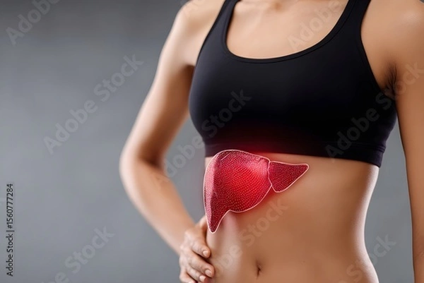 Obraz Medical illustration of liver anatomy on a woman's torso Generative AI