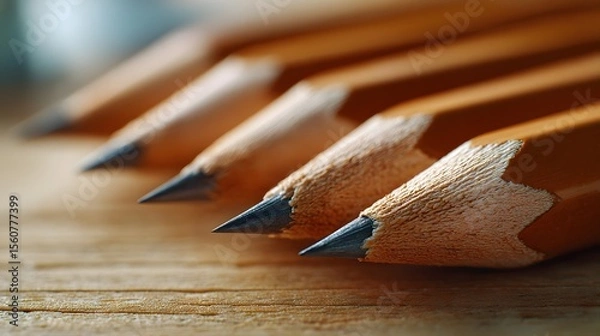 Obraz Sharpened pencils arranged on a wooden surface Generative AI