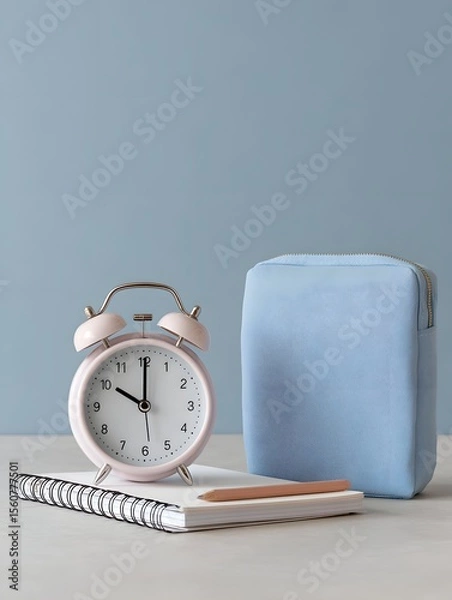 Obraz Clock, notebook, and pencil arranged on a table Generative AI