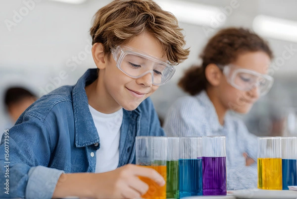 Obraz Children conducting colorful science experiment in classroom Generative AI