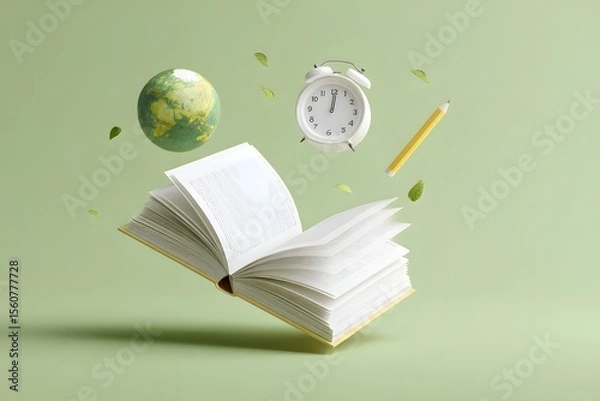 Obraz Floating book, globe, clock, and pencil on green background Generative AI