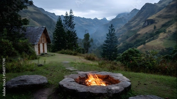 Obraz Mountain landscape with a campfire at dusk Generative AI