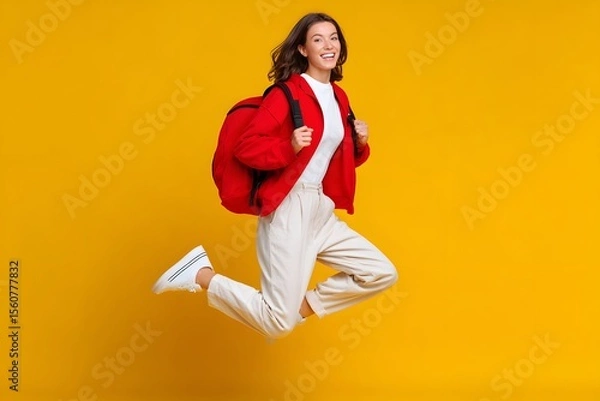 Obraz Woman jumping with a backpack on a bright yellow background Generative AI