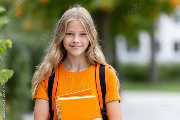 Obraz Young student with notebooks walking in a green park Generative AI