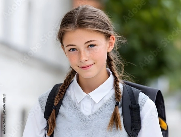 Obraz Young student with braids walking on a city street Generative AI