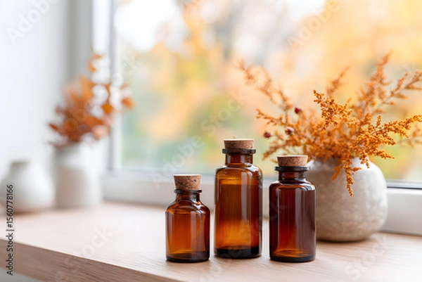 Obraz Bottles of natural remedies on a windowsill during autumn Generative AI
