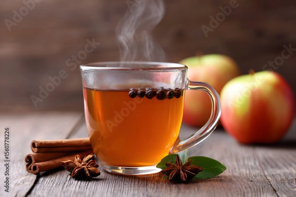 Obraz Warm herbal tea with spices and apples on wooden table Generative AI