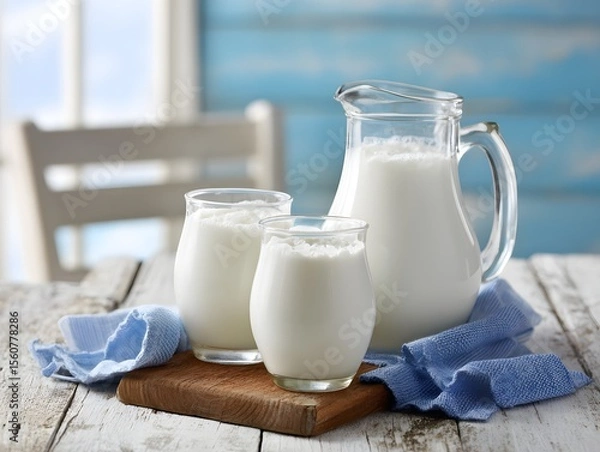 Obraz Fresh milk in a pitcher and glasses on a wooden table Generative AI