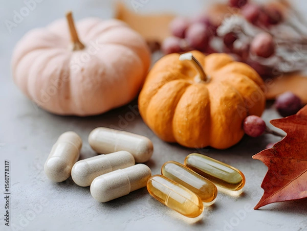 Obraz Supplements and pumpkins arranged for boosting immunity Generative AI