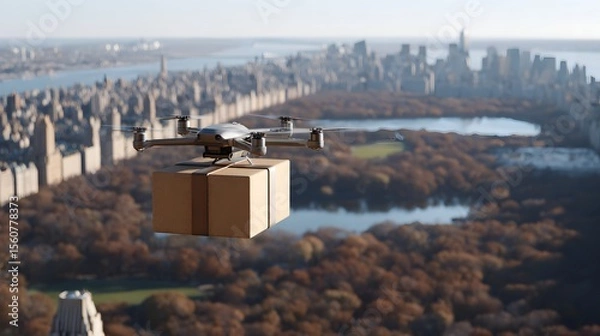 Obraz Drone delivering a package over urban landscape in autumn Generative AI