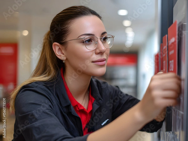 Obraz Professional woman organizing display in retail setting Generative AI