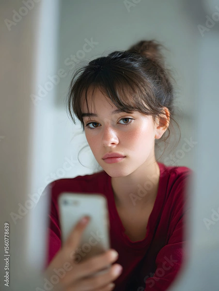 Obraz Young person focused on smartphone with serious expression Generative AI