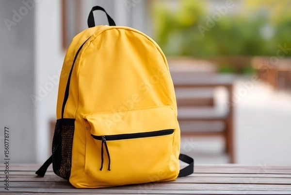 Obraz Yellow backpack resting on a wooden table in outdoor setting Generative AI