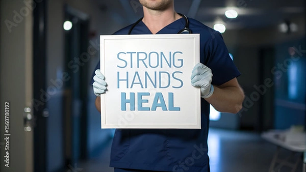 Fototapeta A healthcare worker holds a sign that reads strong hands heal in a hospital corridor, showing support and dedication
