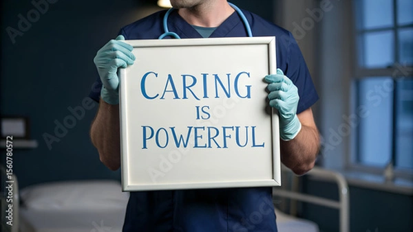 Obraz A doctor in a blue uniform holds a sign that reads caring is powerful in a hospital room, promoting the importance of compassionate healthcare