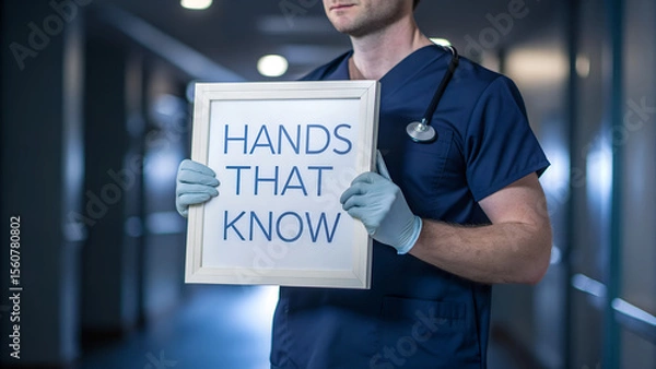 Obraz A doctor in scrubs holds a sign that reads hands that know in a hospital corridor, emphasizing the skill and knowledge of medical professionals