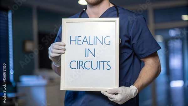 Obraz A medical professional holds a sign that reads healing in circuits in a hospital setting, conveying a message of hope and technological advancement