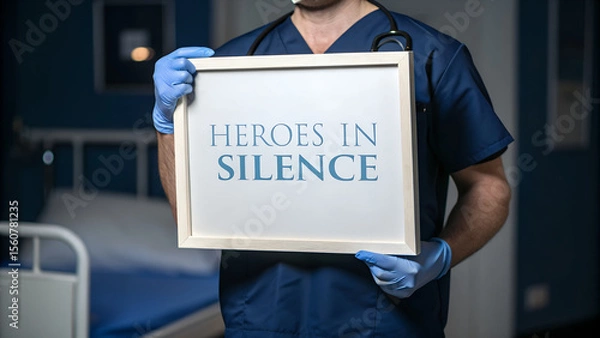 Obraz A healthcare worker holds a sign reading heroes in silence in a hospital room, symbolizing the quiet dedication of medical professionals during challenging times