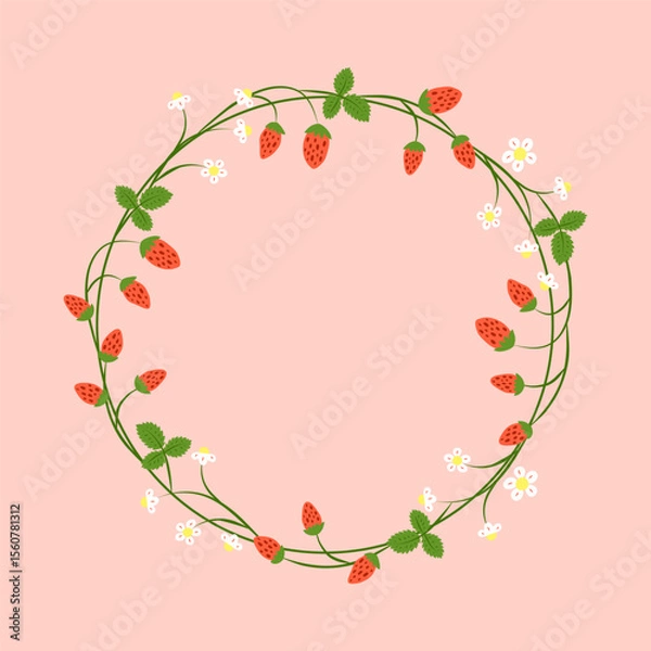 Fototapeta Round frame with hand drawn small wild strawberries, leaves and flowers. Summer or garden berries composed in circle shape isolated on pink background.
