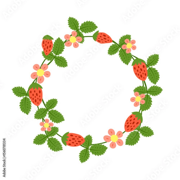 Fototapeta Round frame with hand drawn strawberries, leaves and flowers. Summer or garden berries composed in circle shape isolated on white background.