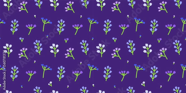Fototapeta Cute seamless pattern with petite meadow flowers in soft colors on dark background. Scandinavian floral summer background.