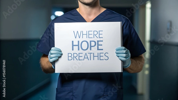 Obraz A doctor in scrubs holds a sign that says where hope breathes in a hospital hallway