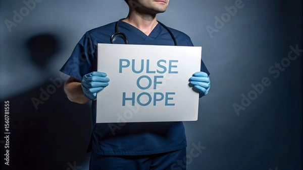 Obraz A doctor in scrubs and a stethoscope holds a sign that says pulse of hope indoors