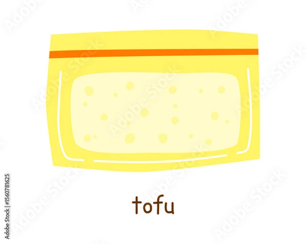 Fototapeta Hand drawn flat tofu in plastic package isolated on white background. Plant based protein. Vegan raw soy cheese.