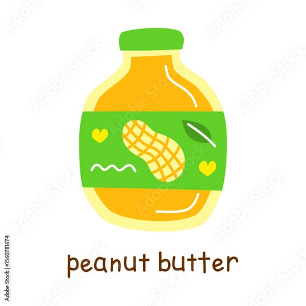 Fototapeta Hand drawn flat peanut butter in closed bottle isolated on white background. Vegan high protein.