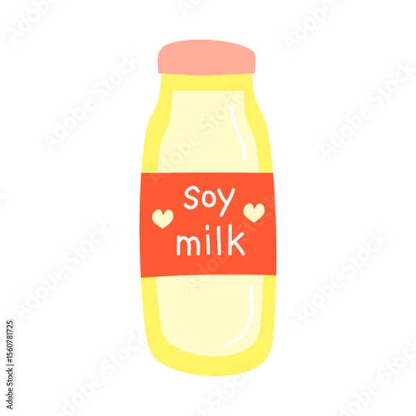 Fototapeta Cute hand drawn flat soy milk in bottle isolated on white background. Hand written text. Plant based lactose free drink.
