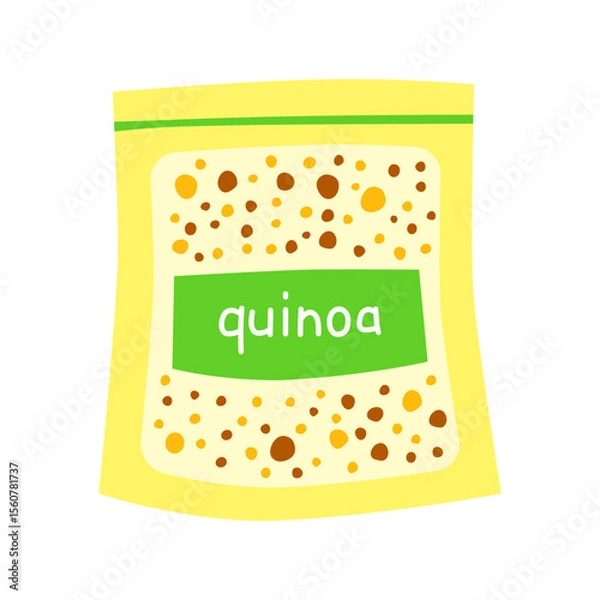 Fototapeta Cute hand drawn flat quinoa mix in packet isolated on white background. Hand written text. Plant based protein.
