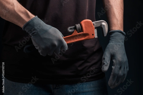 Obraz Plumber holds wrench in his hands with gloves on black background.