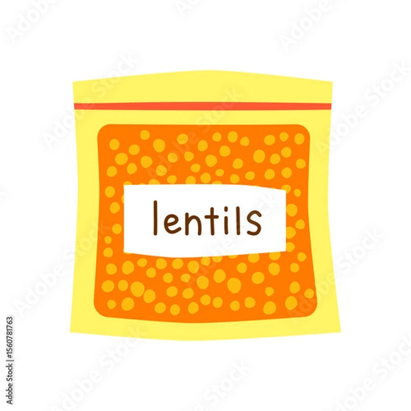 Fototapeta Cute hand drawn flat red lentils in packet isolated on white background. Hand written text. Plant based protein.