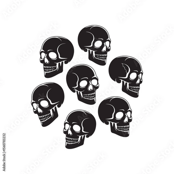 Fototapeta Collection of skull silhouettes in various poses isolated on white background