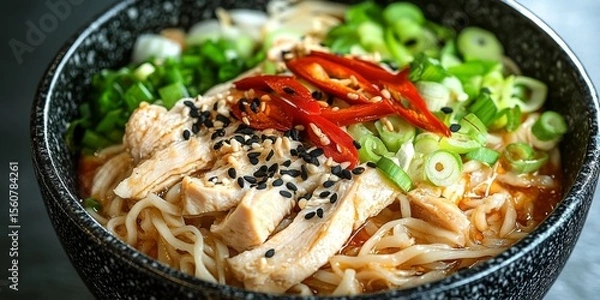 Fototapeta Close Up Image of a Delicious Asian Noodle Dish with Chicken, Fresh Onions, and Spicy Chilis