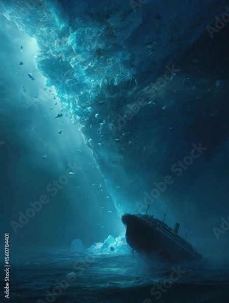 Obraz Titanic Faces Towering Ice Wall Beneath the Surface in a Dramatic Ocean Catastrophe Scene