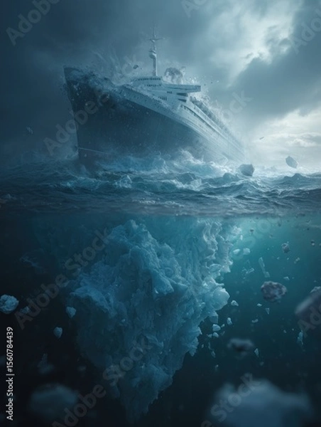 Obraz Modern Ocean Liner Slams Into Iceberg Revealing Vast Submerged Mass Beneath Stormy Waters