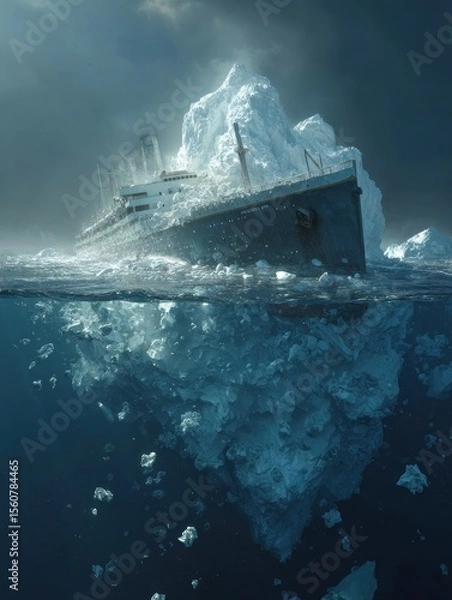 Obraz Titanic Collides Head-On with Iceberg, Revealing Vast Subsurface Glacier Below the Icy Waters