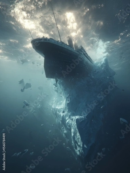 Obraz Underwater View of Titanic Colliding with Iceberg Reveals Enormous Frozen Mass Below the Surface