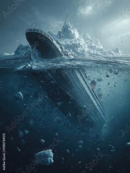 Obraz Titanic Strikes Towering Iceberg, Submerging Amidst Shattered Ice in a Dramatic Ocean Tragedy