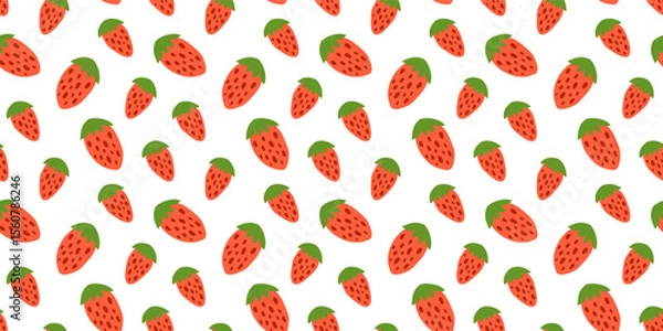 Fototapeta Cute seamless pattern with strawberries on white background. Natural summer background with garden or forest berries. Perfect for kids clothes, giftware, womenswear, wrapping paper, etc.