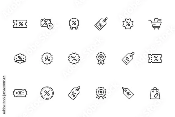 Fototapeta Set line art icons featuring percentage symbols on coupons tags shopping cart outline