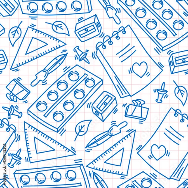 Fototapeta Doodle seamless pattern from school stationery back to school on the background of a cell like notebook pages