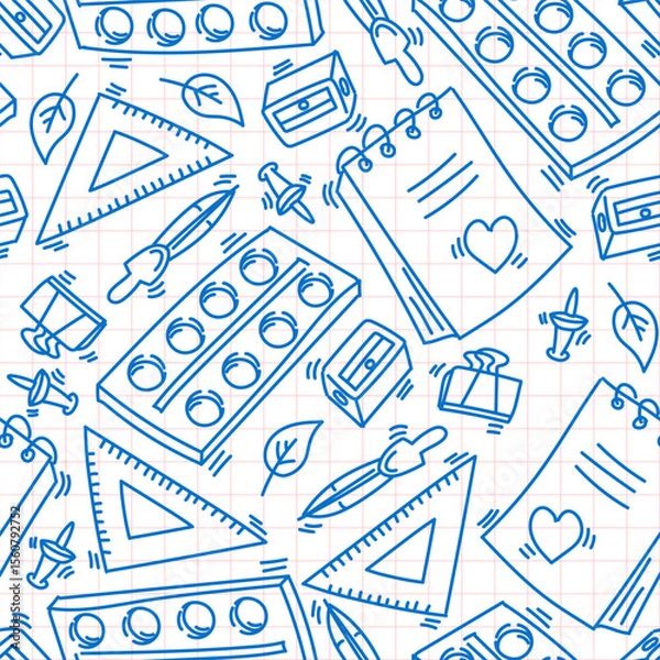 Fototapeta Doodle seamless pattern from school stationery back to school on the background of a cell like notebook pages