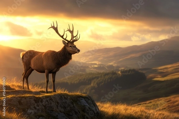 Fototapeta Stag Posing on a Misty Hilltop with a Breathtaking Mountain Backdrop . Wildlife Background
